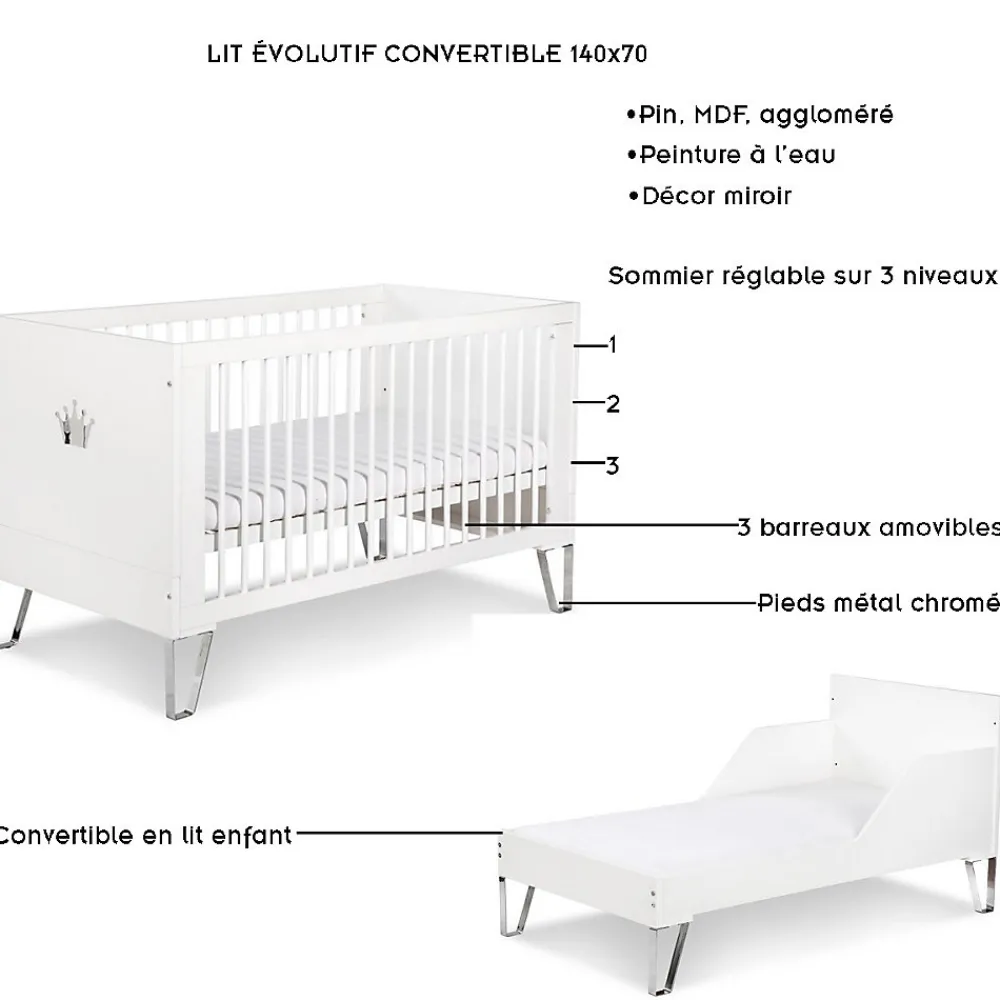 Monmobilierdesign Lit Bébé évolutif Convertible En Lit Enfant 140x70 Blanc* Lit Coffre