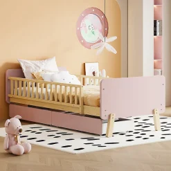 Lit bois 90 par 190 cm lit simple avec 2 tiroirs cadre en bois massif sommier rose>Redom Outlet