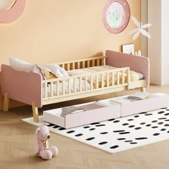 Lit bois 90 par 190 cm lit simple avec 2 tiroirs cadre en bois massif sommier rose>Redom Outlet