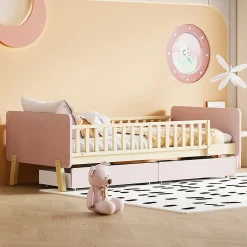 Lit bois 90 par 190 cm lit simple avec 2 tiroirs cadre en bois massif sommier rose><noscript><img width=