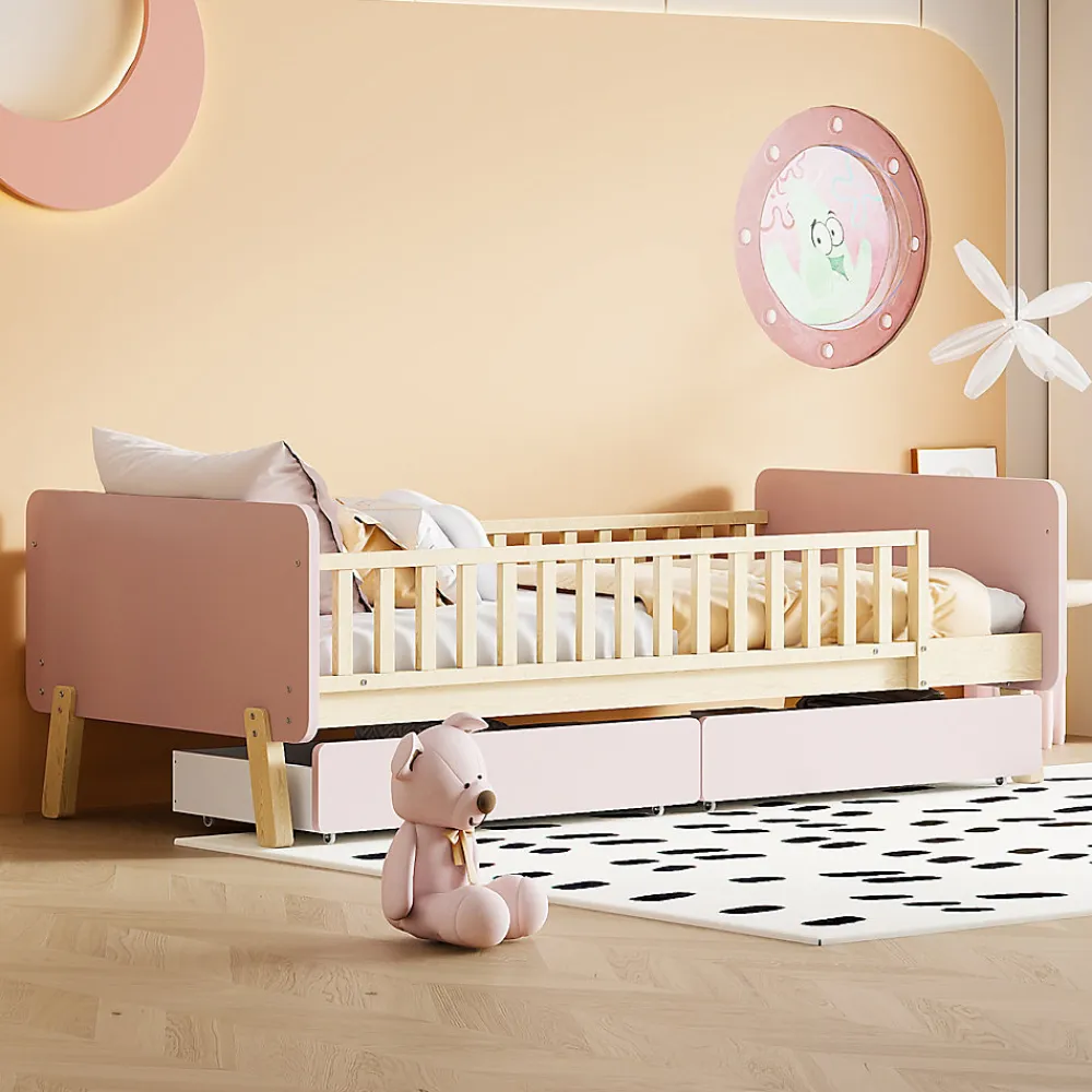 Lit bois 90 par 190 cm lit simple avec 2 tiroirs cadre en bois massif sommier rose>Redom Outlet