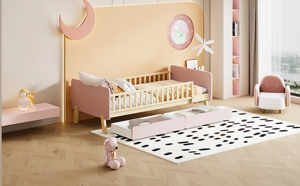 Lit bois 90 par 190 cm lit simple avec 2 tiroirs cadre en bois massif sommier rose>Redom Outlet