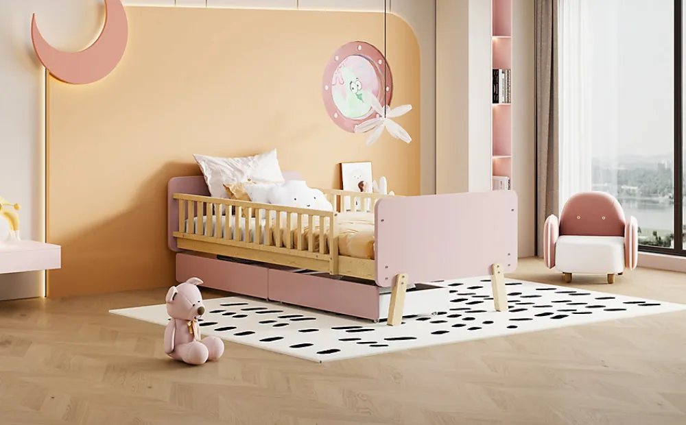 Lit bois 90 par 190 cm lit simple avec 2 tiroirs cadre en bois massif sommier rose>Redom Outlet