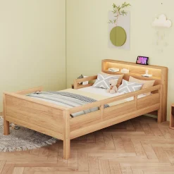 Redom Lit bois massif quatre vingt dix par deux cents avec USB Type C lampe LED tete rangement lit simple fonctionnelle bois* Sommier
