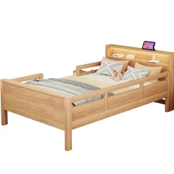 Redom Lit bois massif quatre vingt dix par deux cents avec USB Type C lampe LED tete rangement lit simple fonctionnelle bois* Sommier