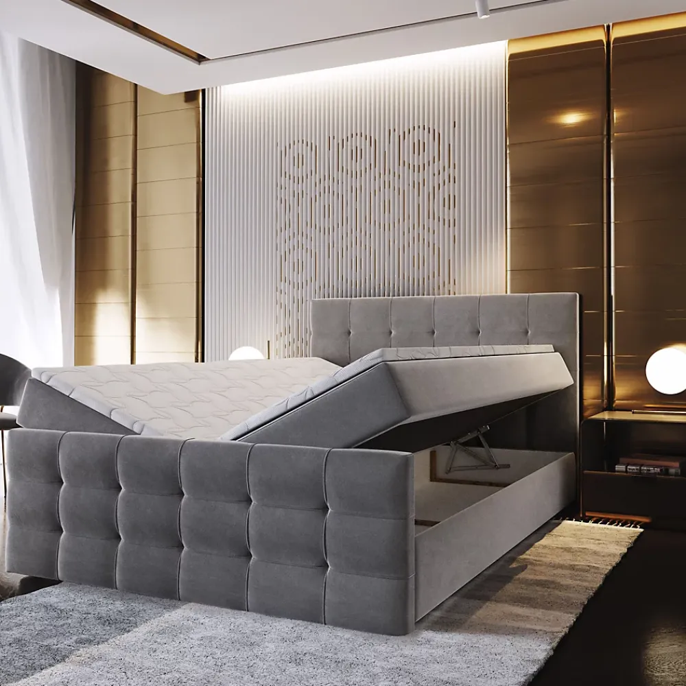 Masseno Lit Boxspring AMON 140X200 CM COSMIC 10, Beige, Lit avec matelas et rangement* Ensemble Sommier Et Matelas