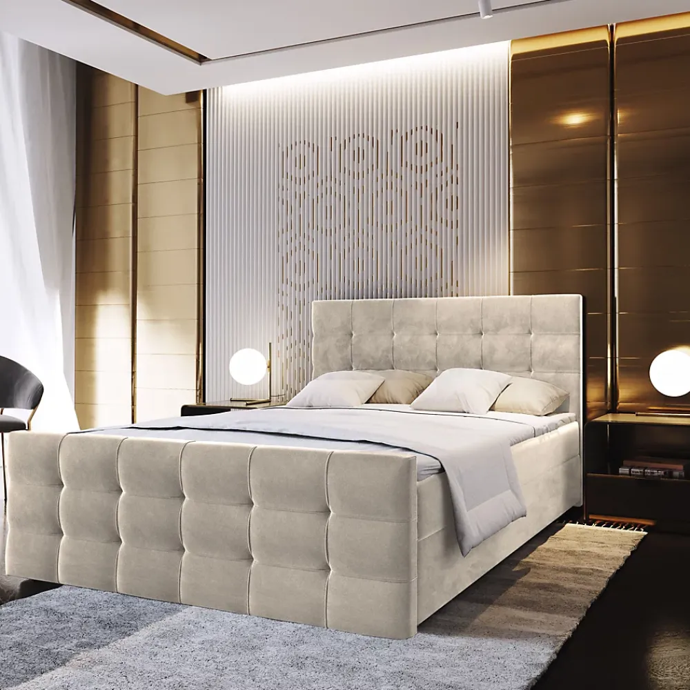 Masseno Lit Boxspring AMON 140X200 CM COSMIC 10, Beige, Lit avec matelas et rangement* Ensemble Sommier Et Matelas