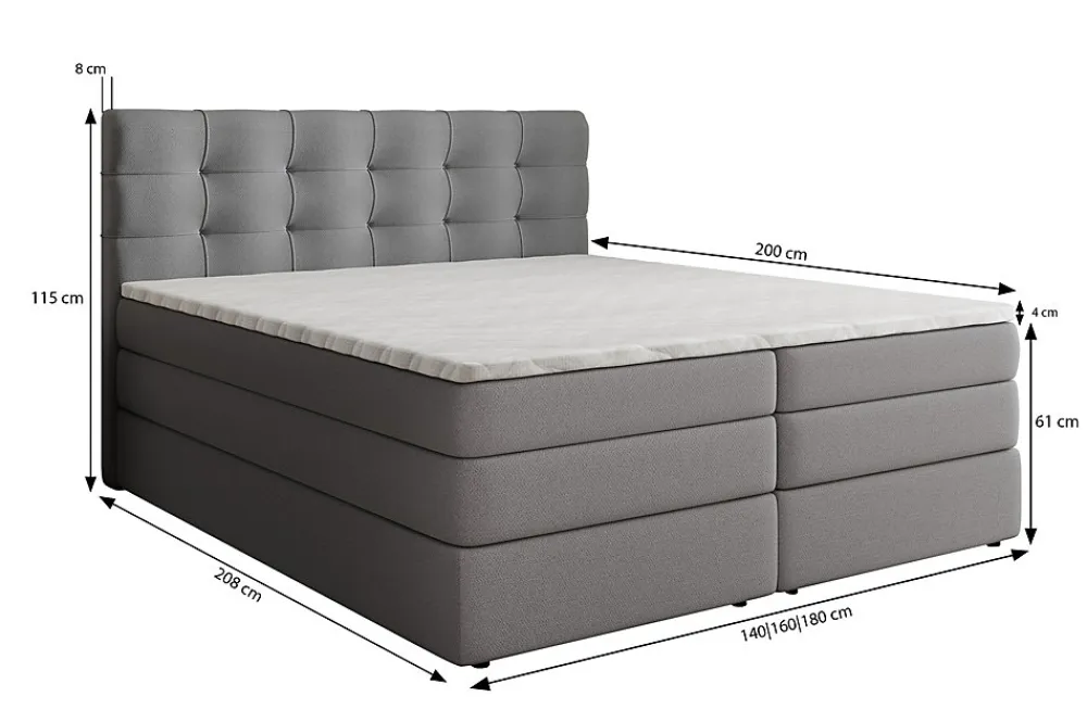 Lit Boxspring AREZI 140X200 CM SORO 90, Gris, Lit avec matelas et rangement>Masseno