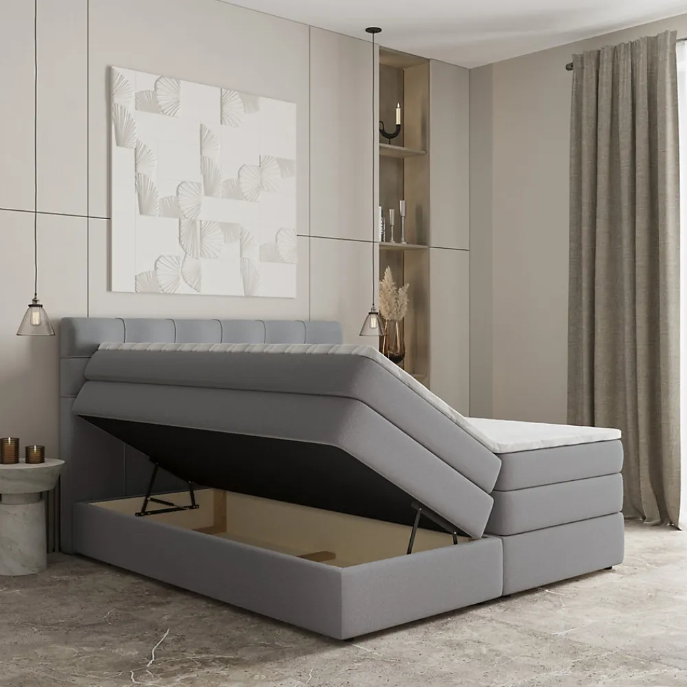 Lit Boxspring AREZI 140X200 CM SORO 90, Gris, Lit avec matelas et rangement>Masseno