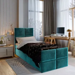 Masseno Lit Boxspring ARIEL 90 90X200 CM KRONOS 13, Bleu, Lit avec matelas et rangement* Ensemble Sommier Et Matelas