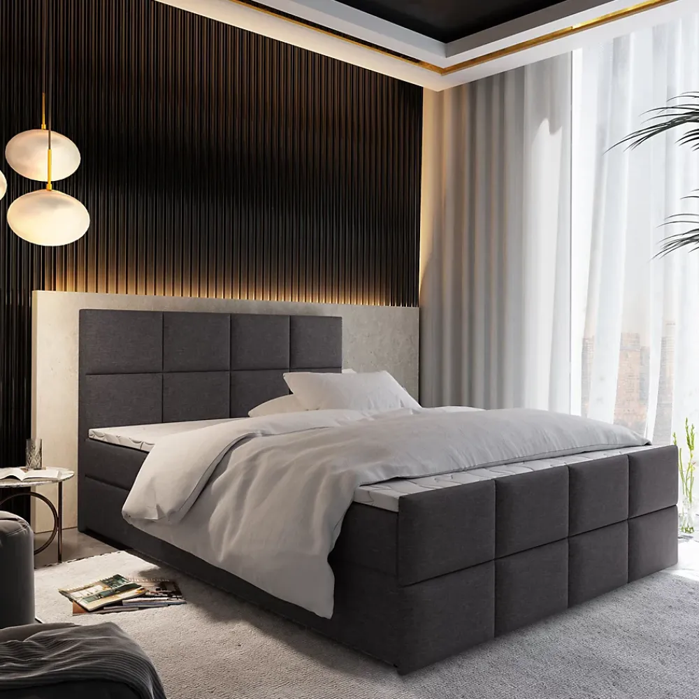 Masseno Lit Boxspring ARIEL 160X200 CM SAWANA 05, Gris, Lit avec matelas et rangement* Ensemble Sommier Et Matelas
