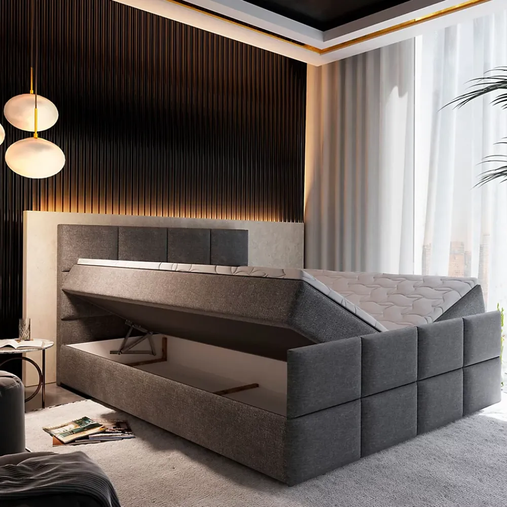 Masseno Lit Boxspring ARIEL 160X200 CM SAWANA 16, Marron, Lit avec matelas et rangement* Ensemble Sommier Et Matelas