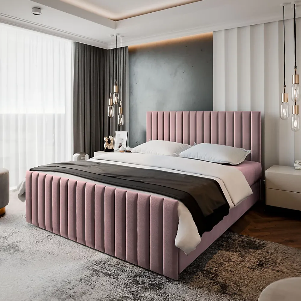 Masseno Lit Boxspring ARION 140X200 CM KRONOS 27, Rose, Lit avec matelas et rangement* Ensemble Sommier Et Matelas