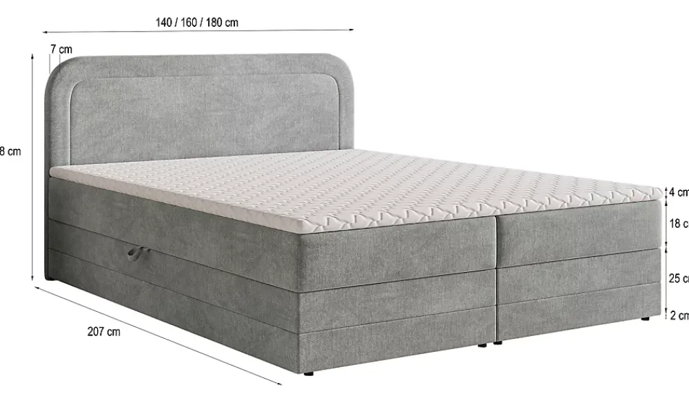 Masseno Lit Boxspring ARMEL 140X200 CM MONOLITH 84, Gris clair, Lit avec matelas et rangement* Ensemble Sommier Et Matelas