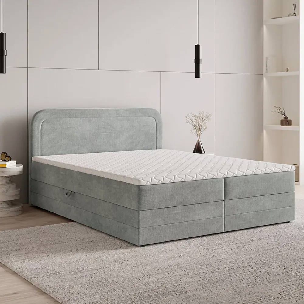 Masseno Lit Boxspring ARMEL 140X200 CM MONOLITH 84, Gris clair, Lit avec matelas et rangement* Ensemble Sommier Et Matelas