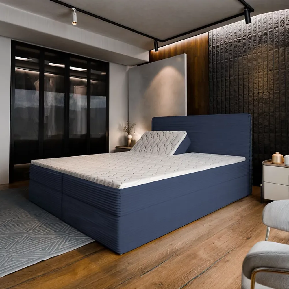Masseno Lit Boxspring ASTOR 160X200 CM LINCOLN 77, Bleu, Lit avec matelas et rangement* Ensemble Sommier Et Matelas