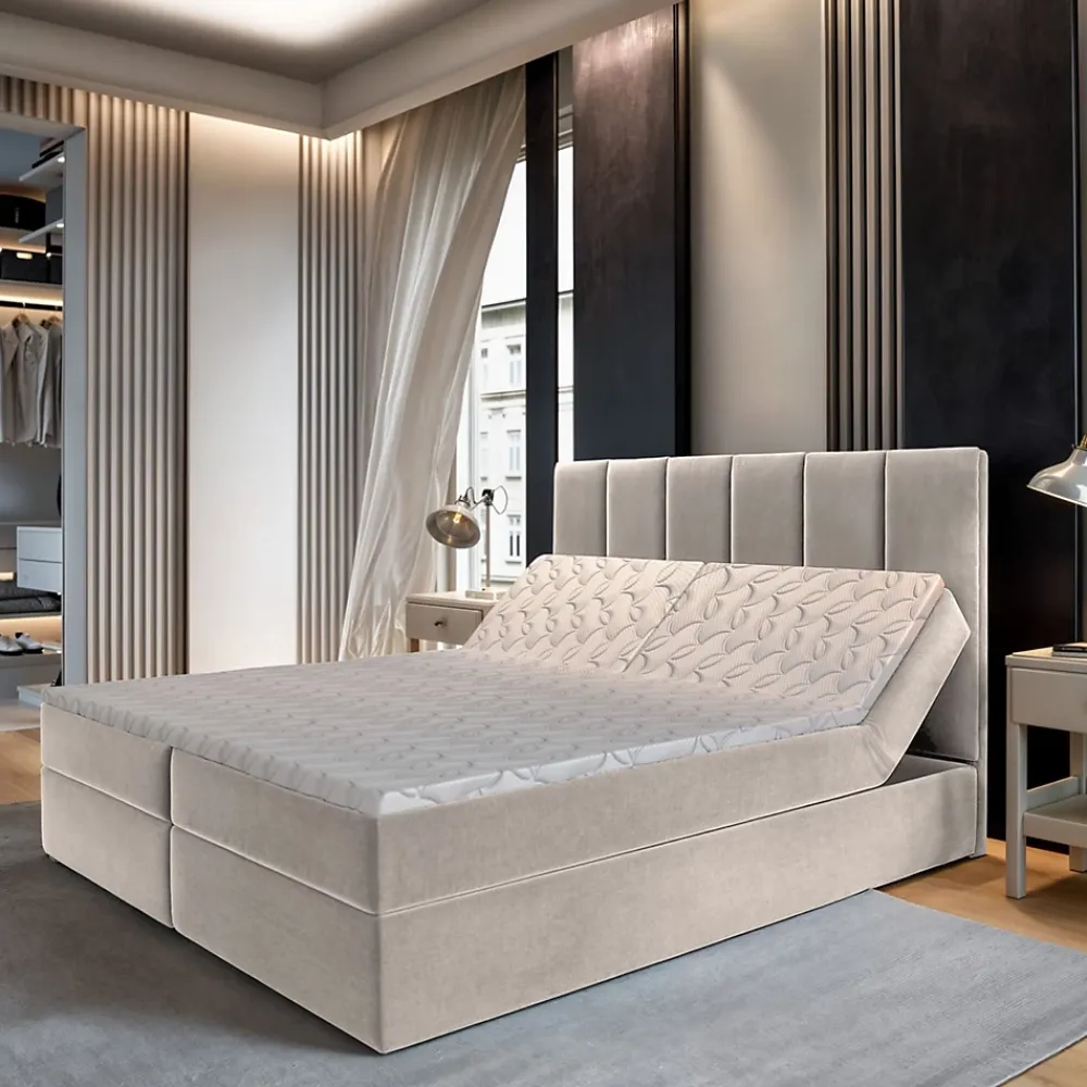 Masseno Lit Boxspring BARINO 160X200 CM PAROS 02, Beige, Lit avec matelas et rangement* Ensemble Sommier Et Matelas