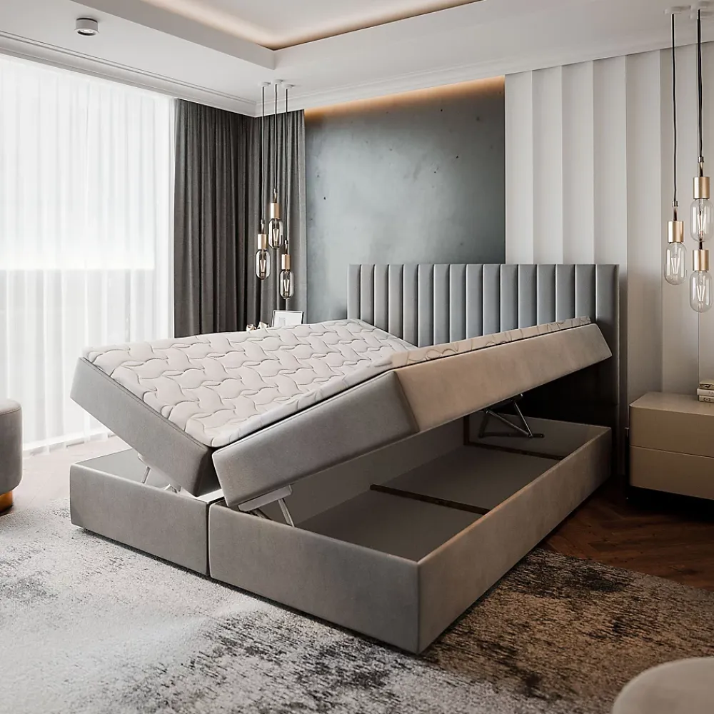 Masseno Lit Boxspring BRESEL 180X200 CM KRONOS 09, Bleu, Lit avec matelas et rangement* Ensemble Sommier Et Matelas