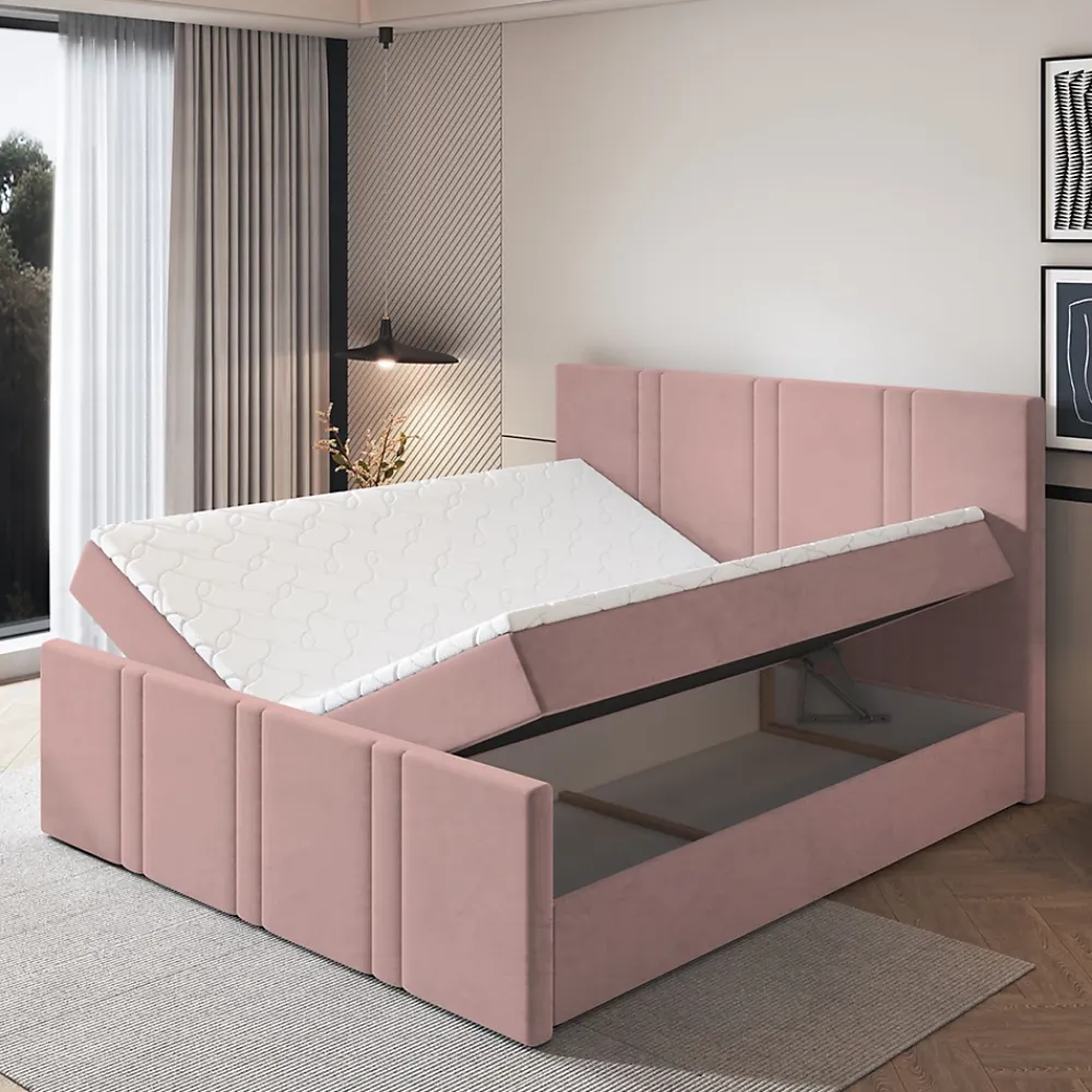 Masseno Lit Boxspring COMOZA 160X200 CM KRONOS 27, Rose, Lit avec matelas et rangement* Ensemble Sommier Et Matelas