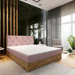 Masseno Lit Boxspring FOSCO 140X200 CM KRONOS 27, Rose, Lit avec matelas et rangement* Ensemble Sommier Et Matelas