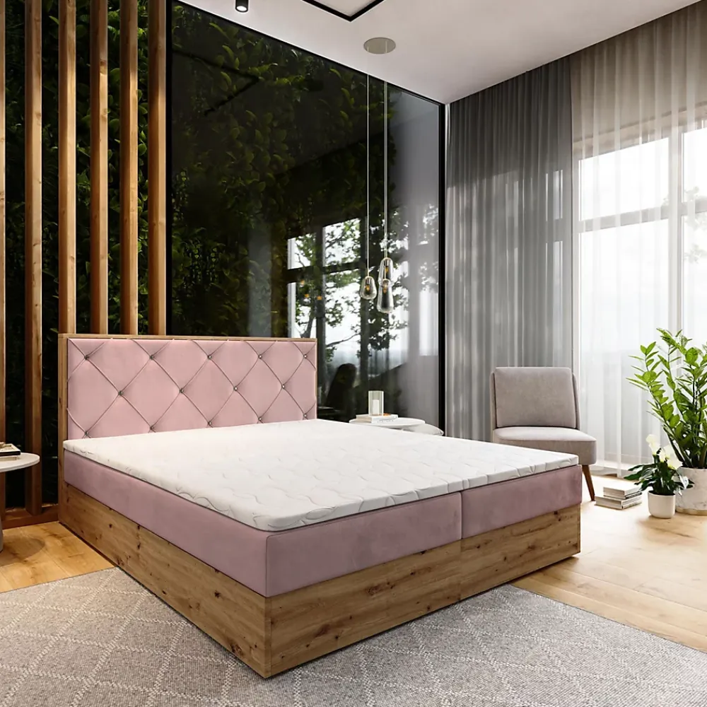 Masseno Lit Boxspring FOSCO 140X200 CM KRONOS 27, Rose, Lit avec matelas et rangement* Ensemble Sommier Et Matelas