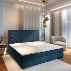 Masseno Lit Boxspring GIARRO 140X200 CM POSO 05 + KRONOS 05, Bleu, Lit avec matelas et rangement* Ensemble Sommier Et Matelas