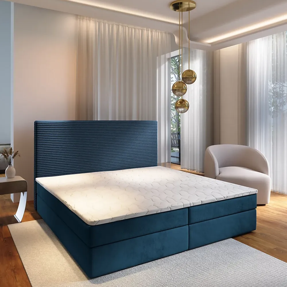 Masseno Lit Boxspring GIARRO 140X200 CM POSO 05 + KRONOS 05, Bleu, Lit avec matelas et rangement* Ensemble Sommier Et Matelas