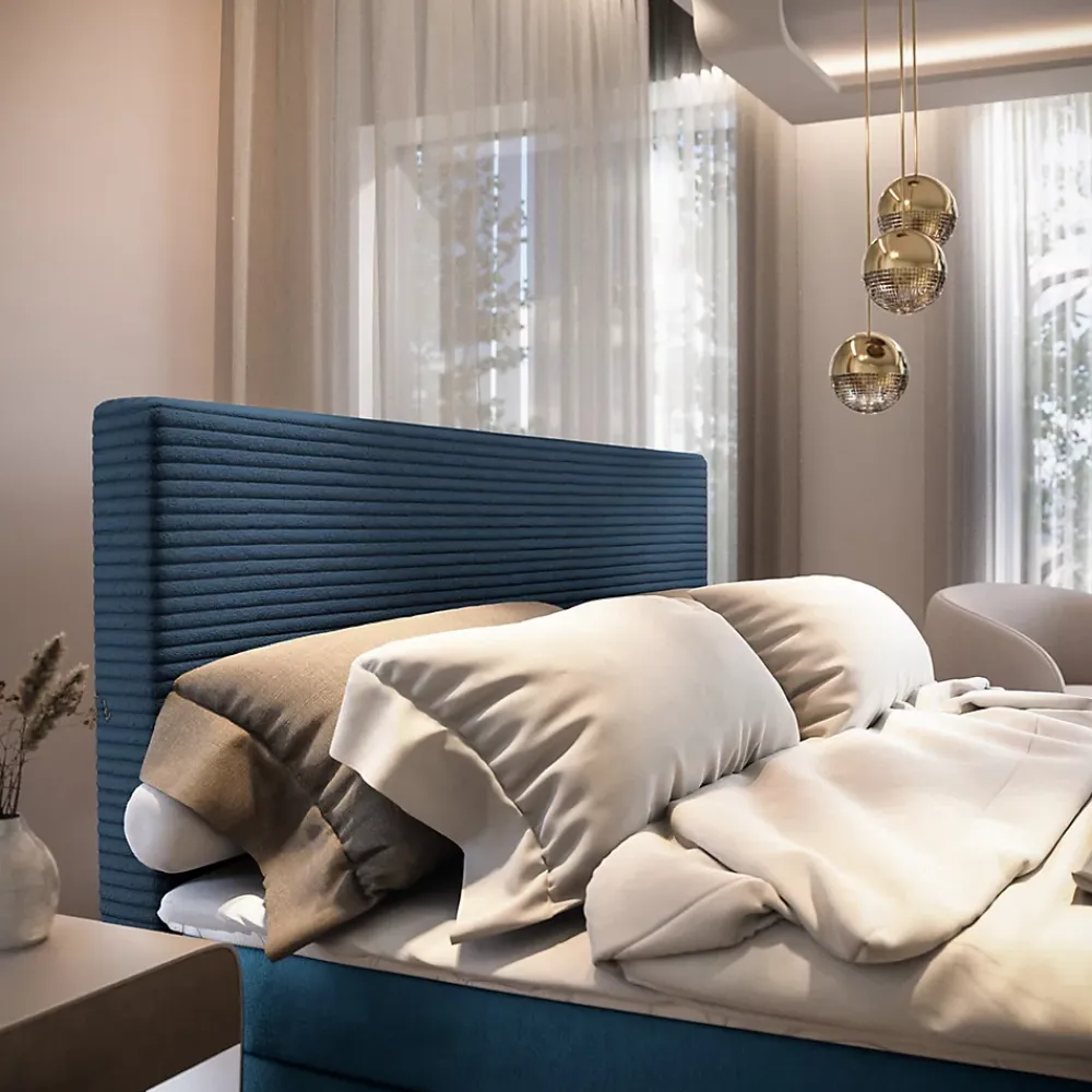 Masseno Lit Boxspring GIARRO 140X200 CM POSO 05 + KRONOS 05, Bleu, Lit avec matelas et rangement* Ensemble Sommier Et Matelas