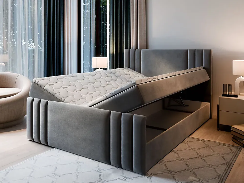 Masseno Lit Boxspring KANES 140X200 CM CASABLANCA 16, Noir, Lit avec matelas et rangement* Ensemble Sommier Et Matelas