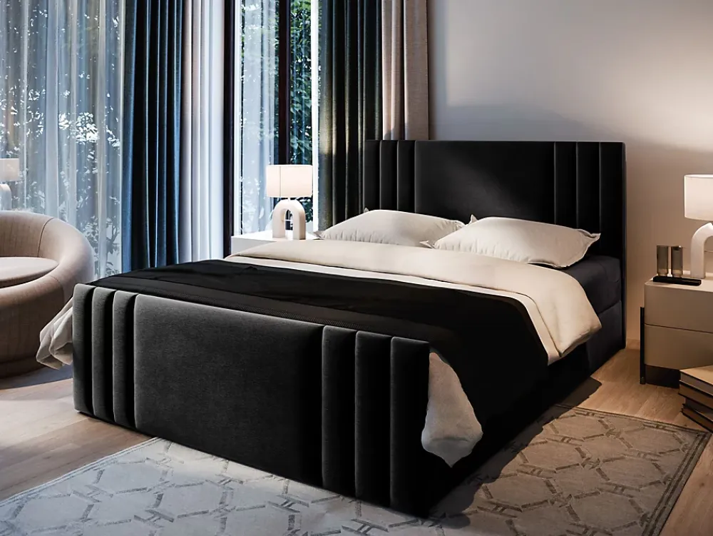 Masseno Lit Boxspring KANES 140X200 CM CASABLANCA 16, Noir, Lit avec matelas et rangement* Ensemble Sommier Et Matelas