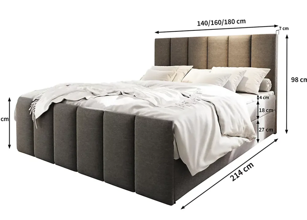 Masseno Lit Boxspring LAGO 140X200 CM SAWANA 05, Gris, Lit avec matelas et rangement* Ensemble Sommier Et Matelas