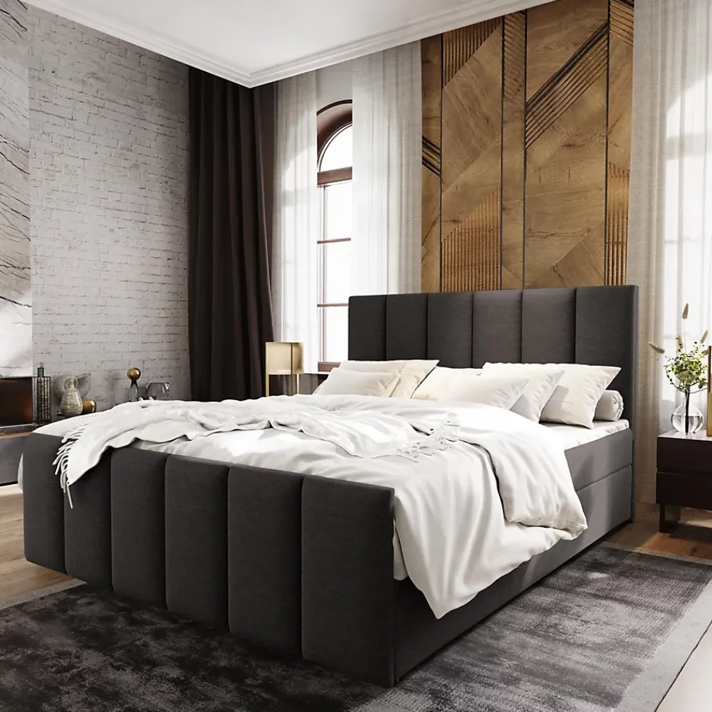 Masseno Lit Boxspring LAGO 140X200 CM SAWANA 05, Gris, Lit avec matelas et rangement* Ensemble Sommier Et Matelas