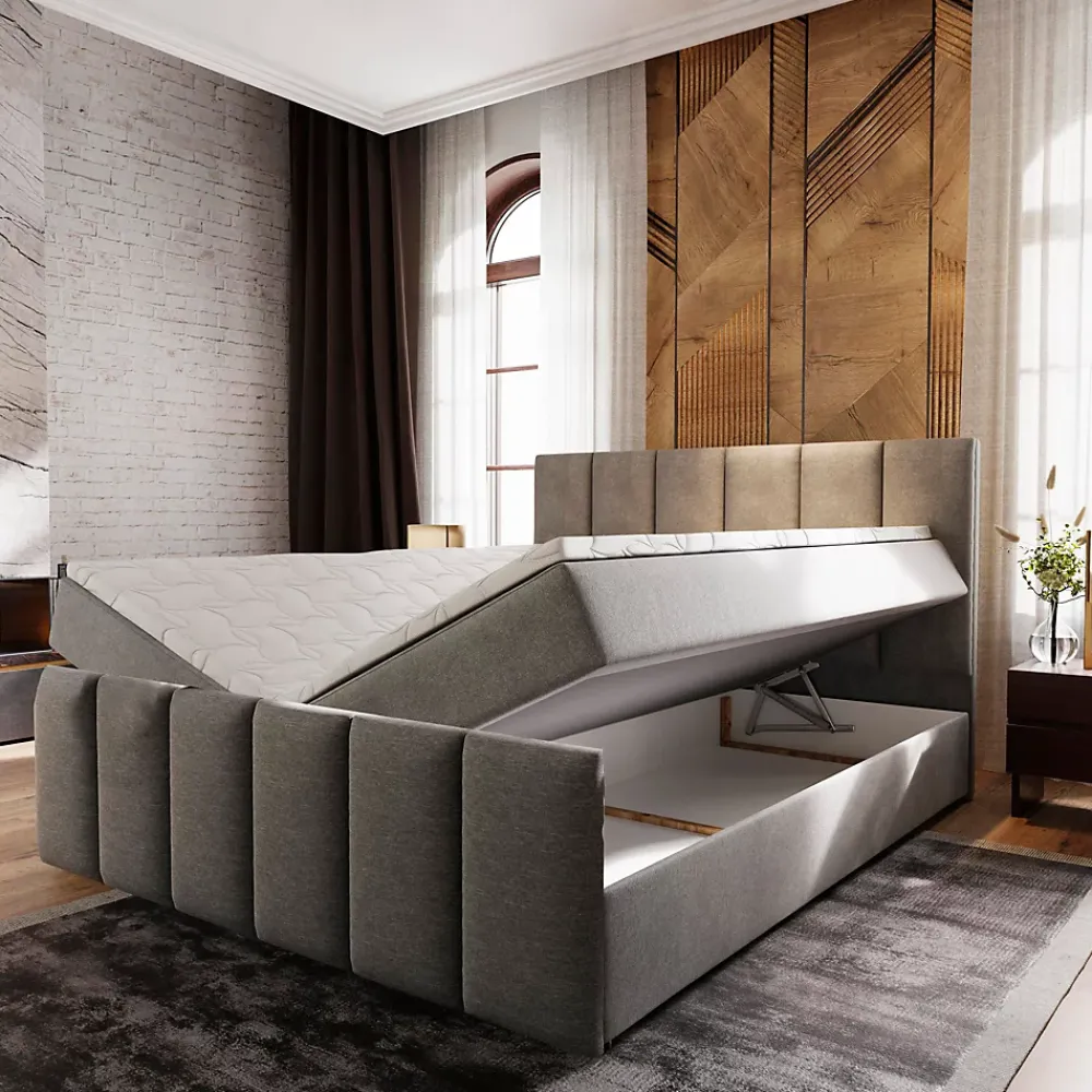 Masseno Lit Boxspring LAGO 140X200 CM SAWANA 05, Gris, Lit avec matelas et rangement* Ensemble Sommier Et Matelas