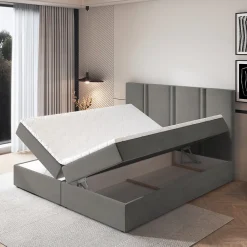 Masseno Lit Boxspring LARIO 160X200 CM KRONOS 15, Gris, Lit avec matelas et rangement* Ensemble Sommier Et Matelas
