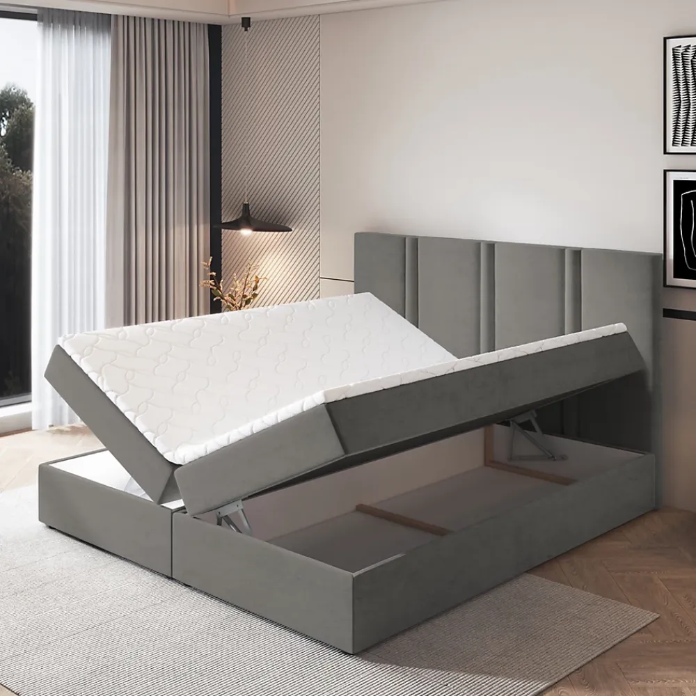Masseno Lit Boxspring LARIO 160X200 CM KRONOS 15, Gris, Lit avec matelas et rangement* Ensemble Sommier Et Matelas