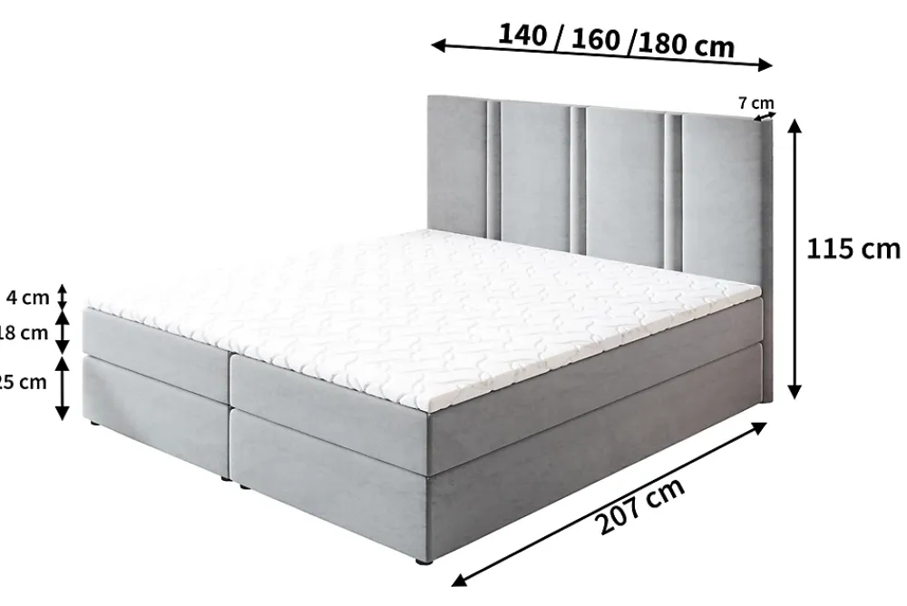 Masseno Lit Boxspring LARIO 160X200 CM KRONOS 15, Gris, Lit avec matelas et rangement* Ensemble Sommier Et Matelas