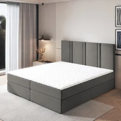 Masseno Lit Boxspring LARIO 160X200 CM KRONOS 15, Gris, Lit avec matelas et rangement* Ensemble Sommier Et Matelas