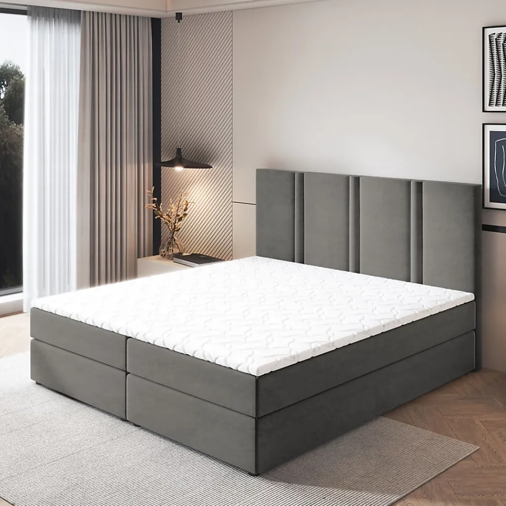 Masseno Lit Boxspring LARIO 160X200 CM KRONOS 15, Gris, Lit avec matelas et rangement* Ensemble Sommier Et Matelas