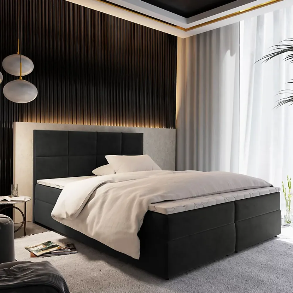Masseno Lit Boxspring LENA 160X200 CM KRONOS 34, Graphite, Lit avec matelas et rangement* Ensemble Sommier Et Matelas