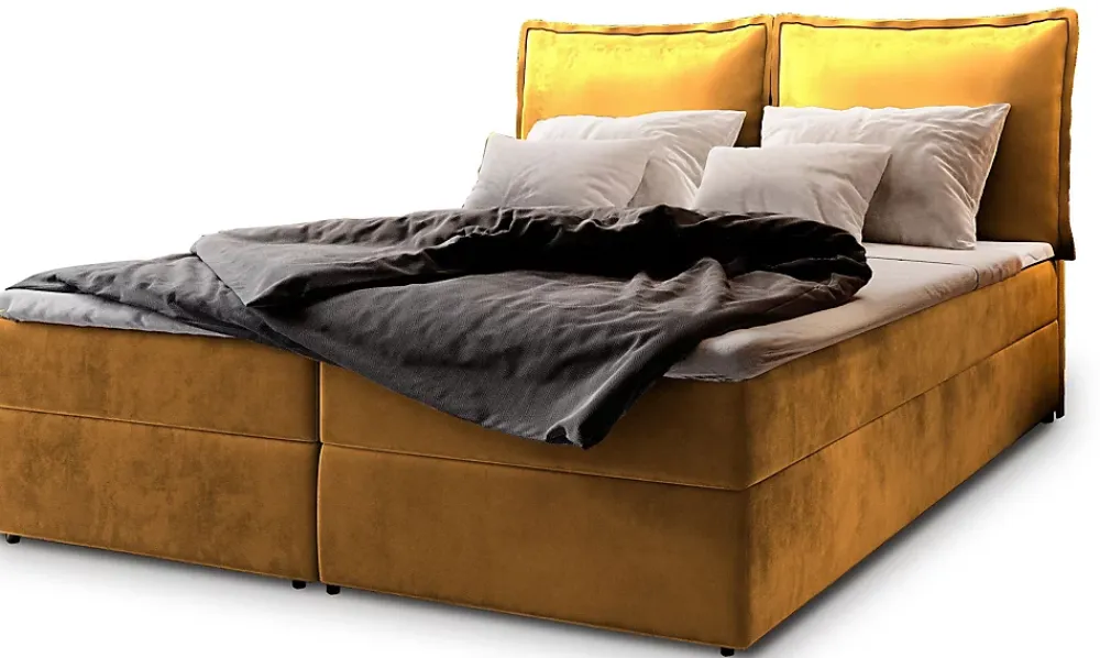 Masseno Lit Boxspring LENTE 140X200 CM MONOLITH 48, Jaune, Lit avec matelas et rangement* Ensemble Sommier Et Matelas