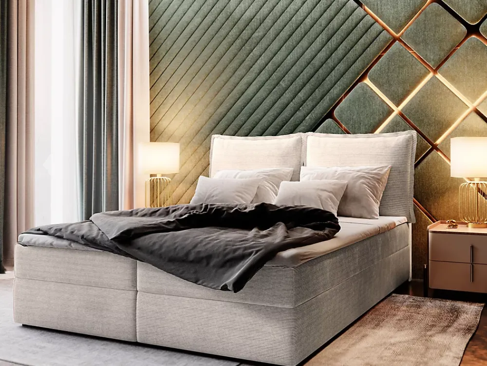 Masseno Lit Boxspring LENTE 180X200 CM LINCOLN 03, Crème, Lit avec matelas et rangement* Ensemble Sommier Et Matelas