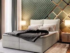 Masseno Lit Boxspring LENTE 180X200 CM LINCOLN 83, Beige, Lit avec matelas et rangement* Ensemble Sommier Et Matelas