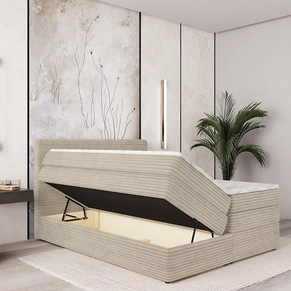 Masseno Lit Boxspring LUNERA 180X200 CM TILIA 03, Crème, Lit avec matelas et rangement* Ensemble Sommier Et Matelas
