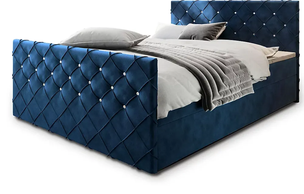 Masseno Lit Boxspring MANDI 160X200 CM MAGIC VELVET 2216, Bleu, Lit avec matelas et rangement* Ensemble Sommier Et Matelas