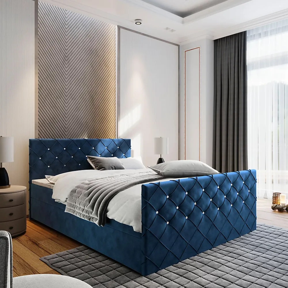 Masseno Lit Boxspring MANDI 160X200 CM MAGIC VELVET 2216, Bleu, Lit avec matelas et rangement* Ensemble Sommier Et Matelas