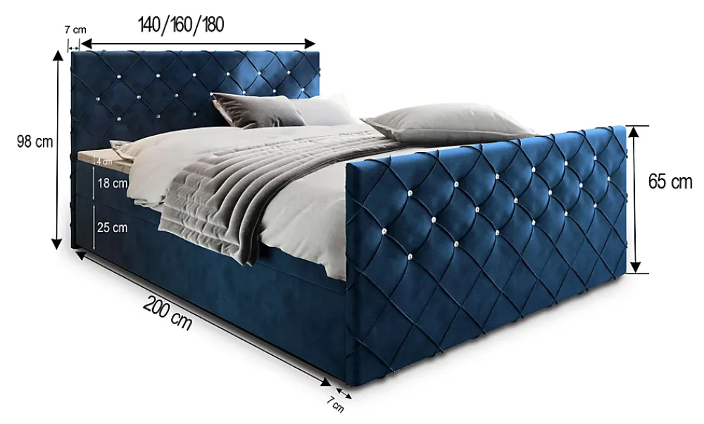 Masseno Lit Boxspring MANDI 180X200 CM MAGIC VELVET 2221, Bleu, Lit avec matelas et rangement* Ensemble Sommier Et Matelas