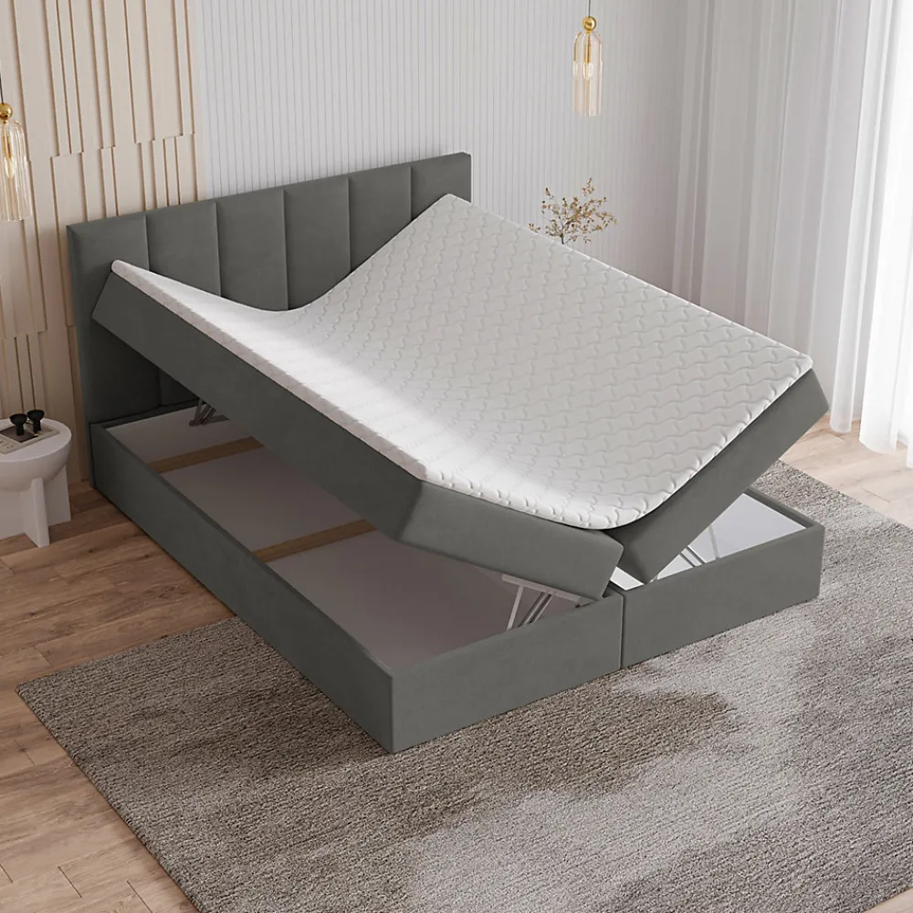 Masseno Lit Boxspring MERIL 160X200 CM KRONOS 15, Gris, Lit avec matelas et rangement* Ensemble Sommier Et Matelas