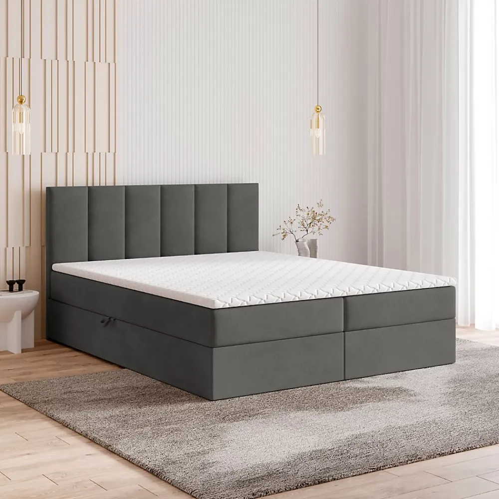 Masseno Lit Boxspring MERIL 160X200 CM KRONOS 15, Gris, Lit avec matelas et rangement* Ensemble Sommier Et Matelas