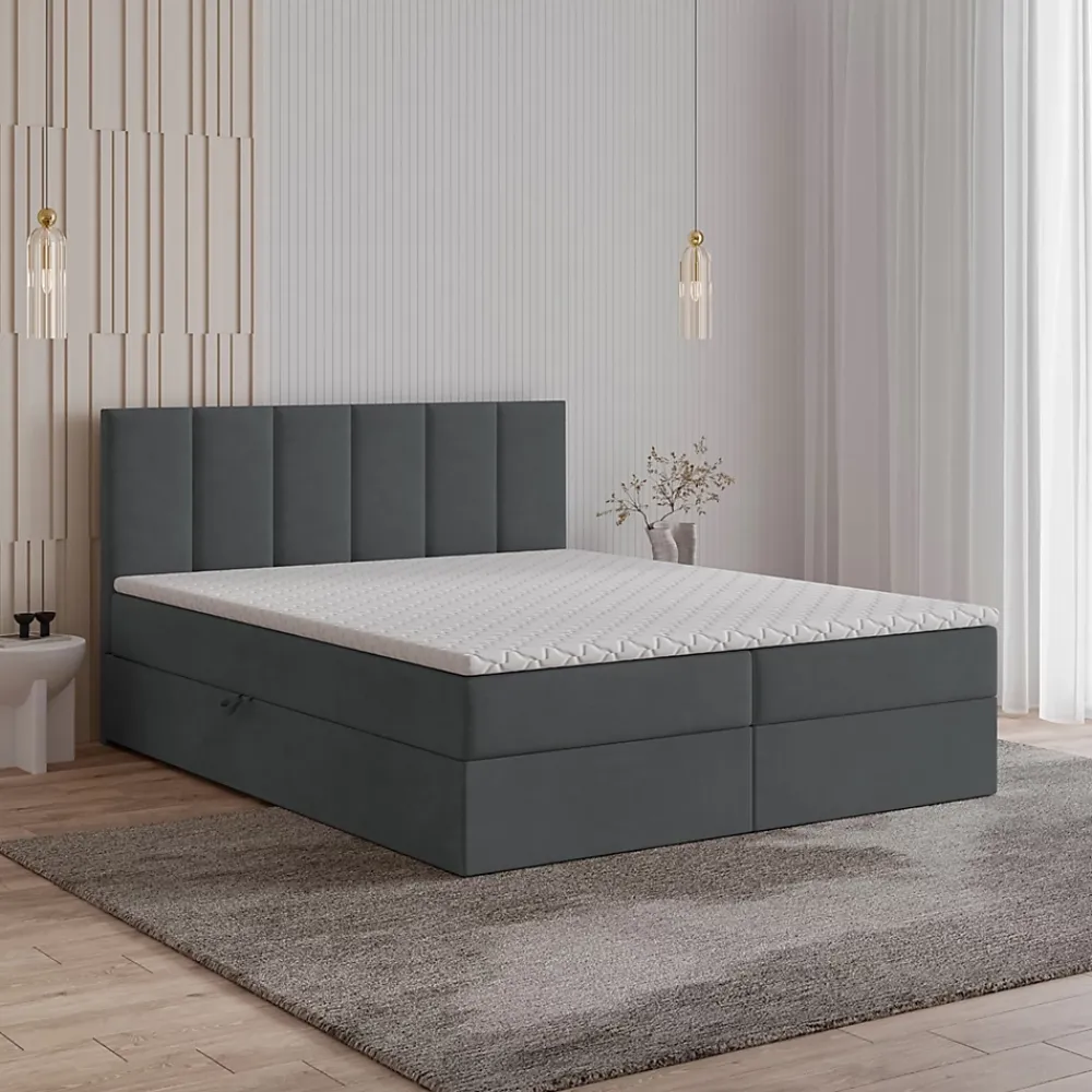 Masseno Lit Boxspring MERIL 140X200 CM SORO 97, Graphite, Lit avec matelas et rangement* Ensemble Sommier Et Matelas