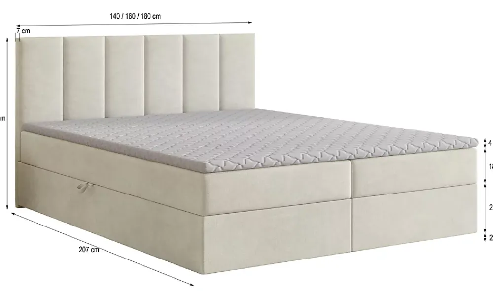 Masseno Lit Boxspring MERIL 140X200 CM SORO 97, Graphite, Lit avec matelas et rangement* Ensemble Sommier Et Matelas